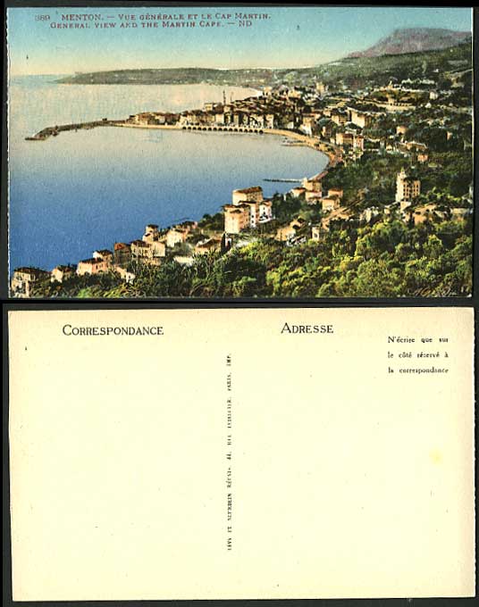 France Old LL Postcard MENTON General View Martin Cape
