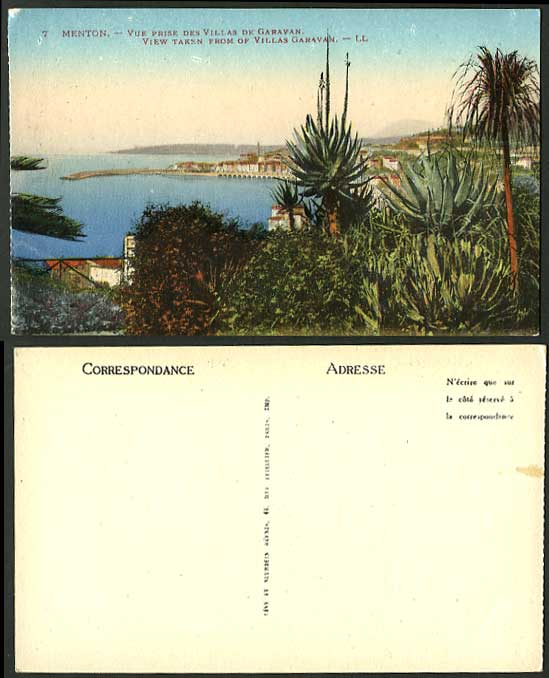France Old LL Postcard MENTON View from Villas Garavan