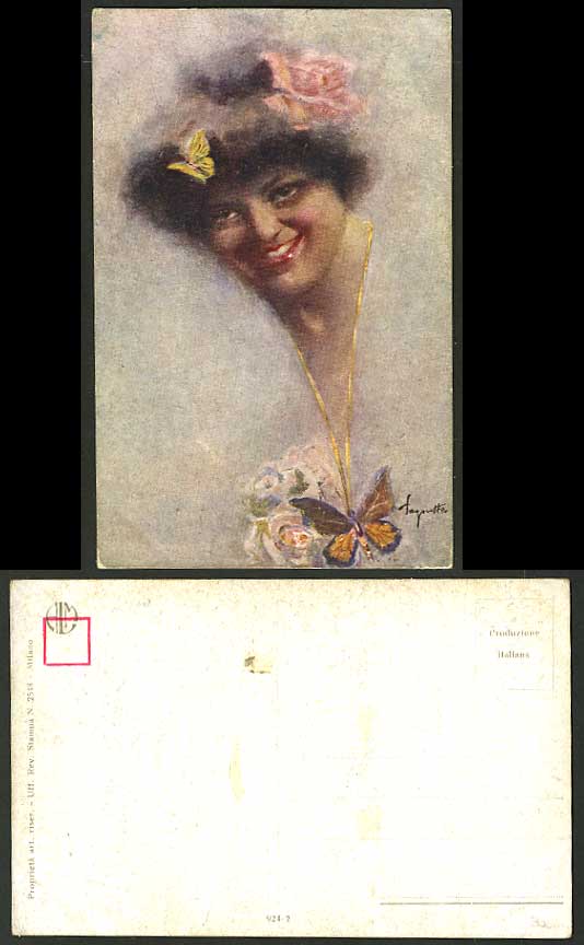 Italy Artist Signed Old Postcard Woman Rose Butterflies