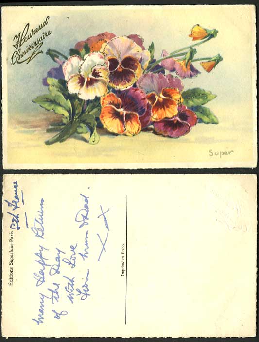 Flowers with glittering powder - Old Greetings Postcard