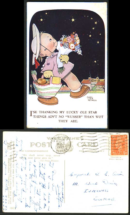 MABEL LUCIE ATTWELL 1944 Old Postcard Thank Lucky Ole Star Thing Not Worser 3859