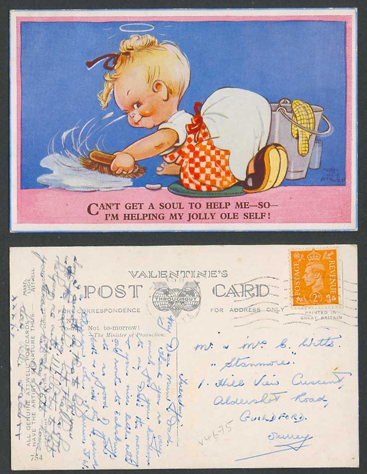 MABEL LUCIE ATTWELL Old Postcard Can't Get a Soul to Help Me, Helping Myself 754