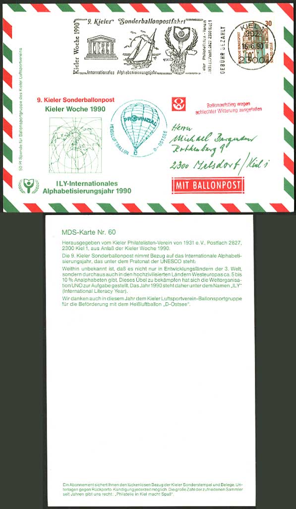 Germany KIEL 1990 Special Mit Ballonpost - Flight Card