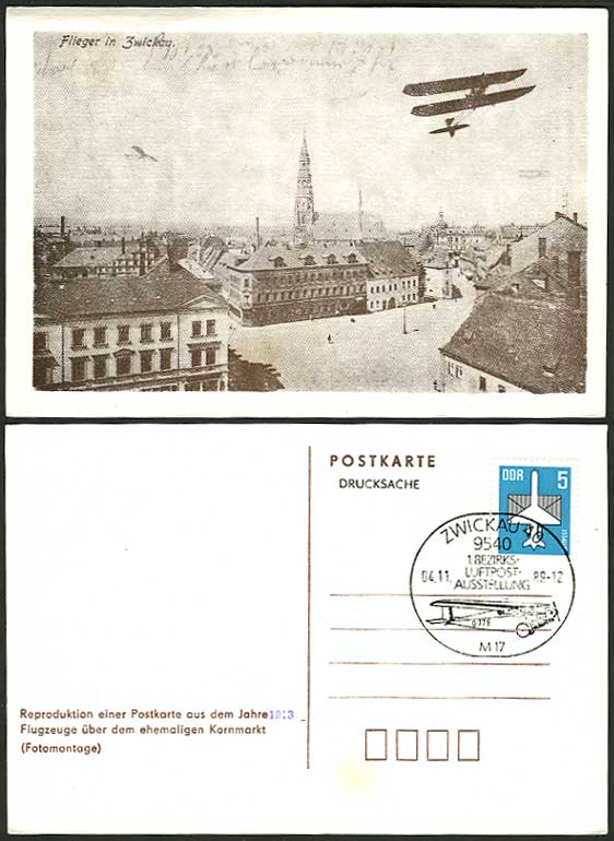 Germany 1989 Flieger in Zwickau Flight BIPLANE Postcard
