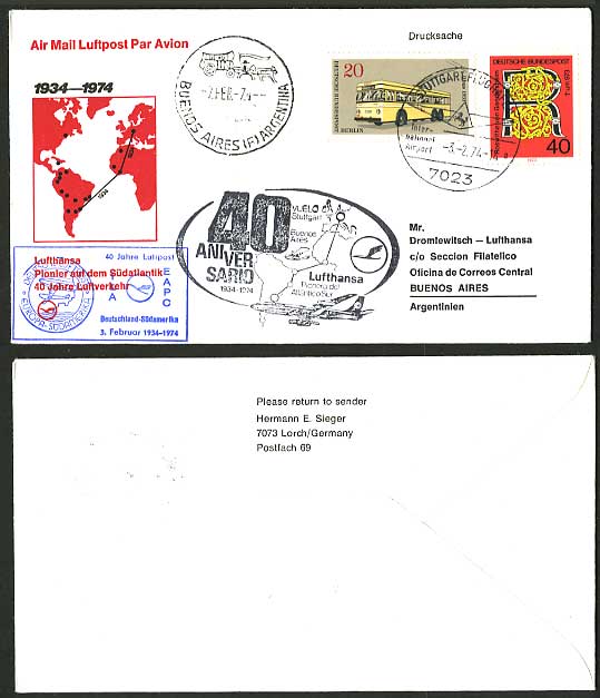 Germany Argentina 1974 Lufthansa 40y First Flight Cover