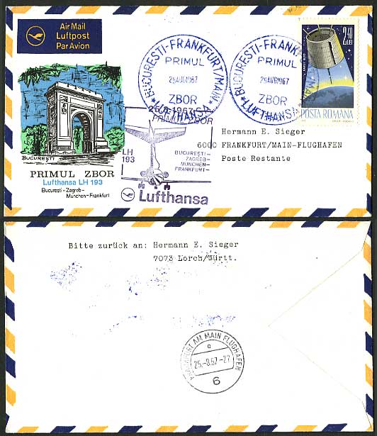 Romania Germany 1967 Lufthansa First Flight Cover SPACE