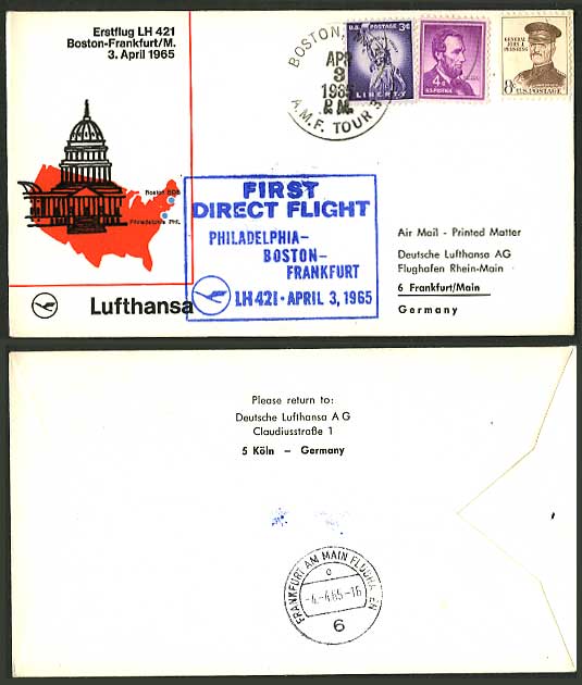 Boston Frankfurt 1965 Lufthansa 421 First Flight Cover