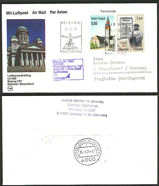 Finland Germany 1984 Lufthansa LH029 First Flight Cover