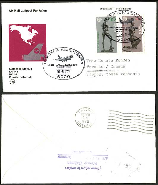 Germany Canada 1975 LUFTHANSA First FLIGHT Cover EUROPA