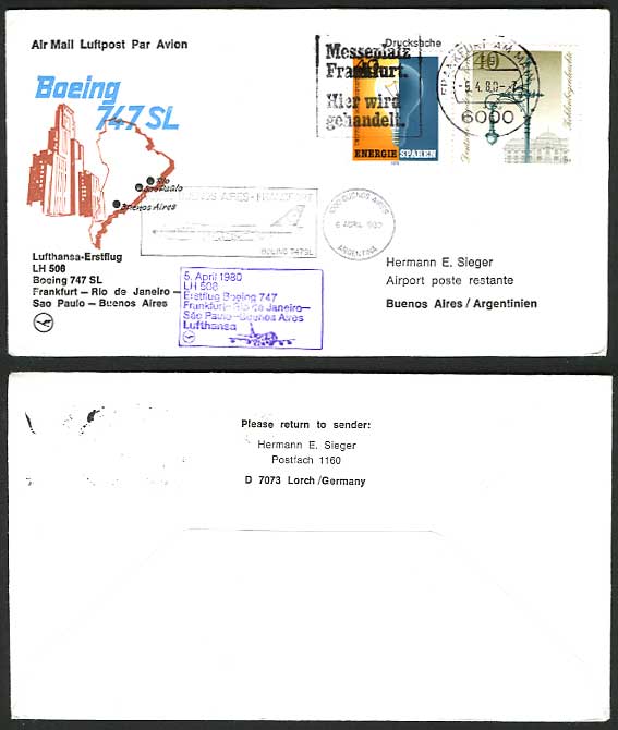 Frankfurt Buenos Aires 1980 LH 508  First Flight Cover