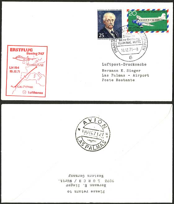 Germany Spain 1971 Lufthansa LH 195 First Flight Cover
