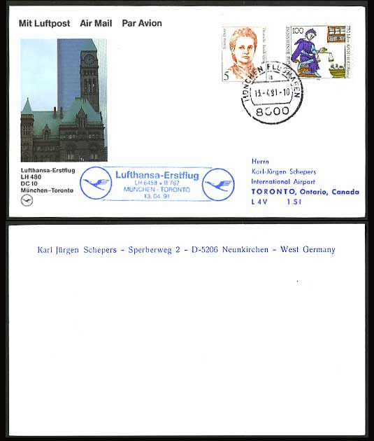 Munich Toronto 1991 LUFTHANSA LH 480 First Flight Card