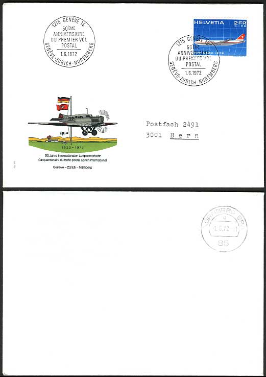 Swiss Geneve 1972 - 50th Anniversary First Flight Cover