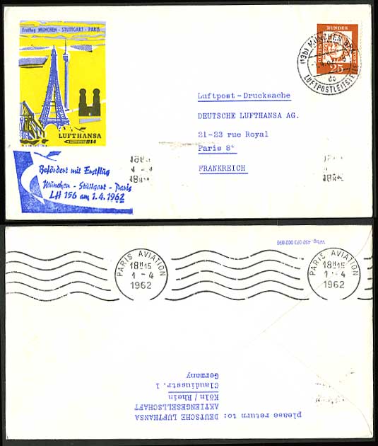 Munich Paris 1962 LUFTHANSA LH 156 First Flight Cover Envelope Tour Eiffel Tower