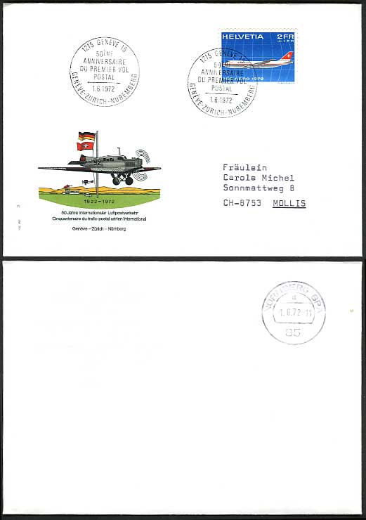 Swiss Geneve 1972 - 50th Anniversary First Flight Cover