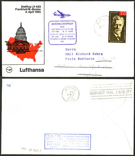 Fuchshain Boston 1965 LUFTHANSA 420 First Flight Cover Envelope Airmail Air Mail