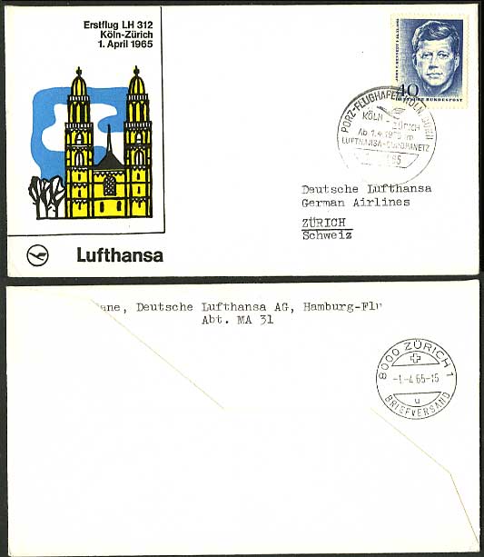 Cologne Zuerich 1965 LUFTHANSA LH312 First Flight Cover