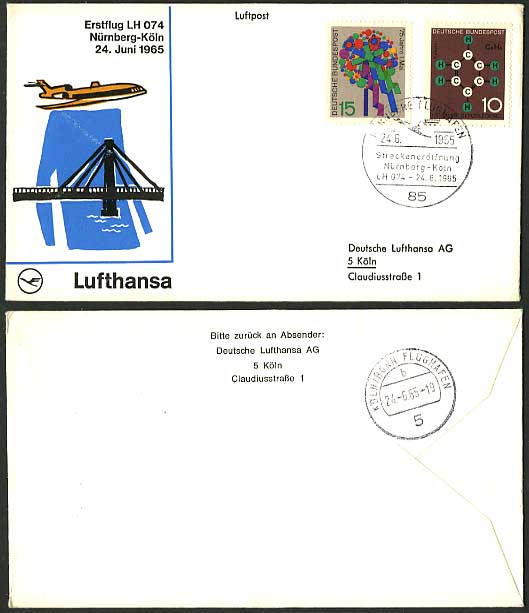 Nuremberg Cologne 1965 LUFTHANSA 074 First Flight Cover