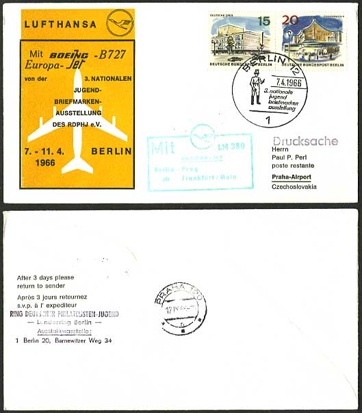 Berlin - Prague Praha 1966 Lufthansa First Flight Cover