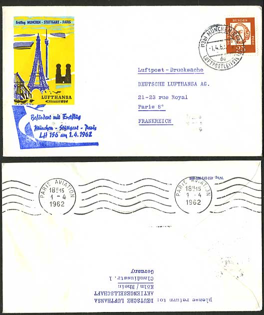 TOUR EIFFEL Paris 1962 LUFTHANSA 156 First Flight Cover