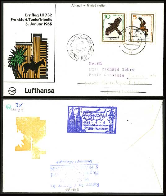LEIPZIG TUNIS Tunisia 1966 Lufthansa First Flight Cover