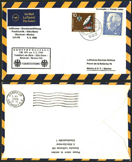 Montreal Mexico 1966 Lufthansa LH470 First Flight Cover