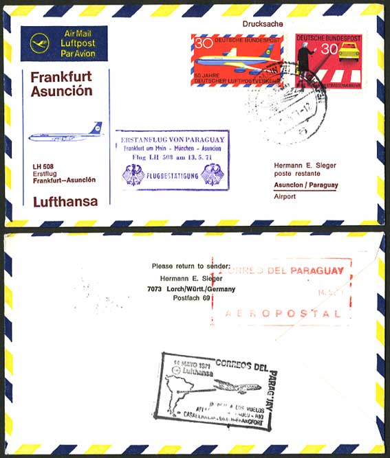 Frankfurt - Asuncion 1971 LUFTHANSA First Flight Cover