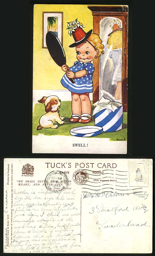 DINAH Artist Signed 1945 Old Tuck's Postcard DOG, SWELL