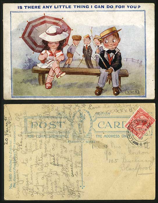 V.W.S. Artist Signed Children 1919 Old Postcard Little Thing I can do for you?