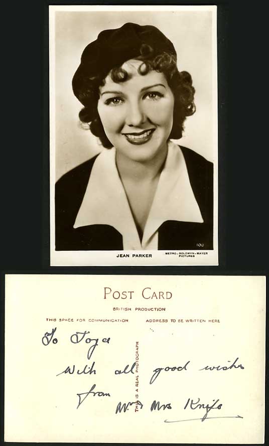 Actress Smiling JEAN PARKER Old B/W Real Photo Postcard