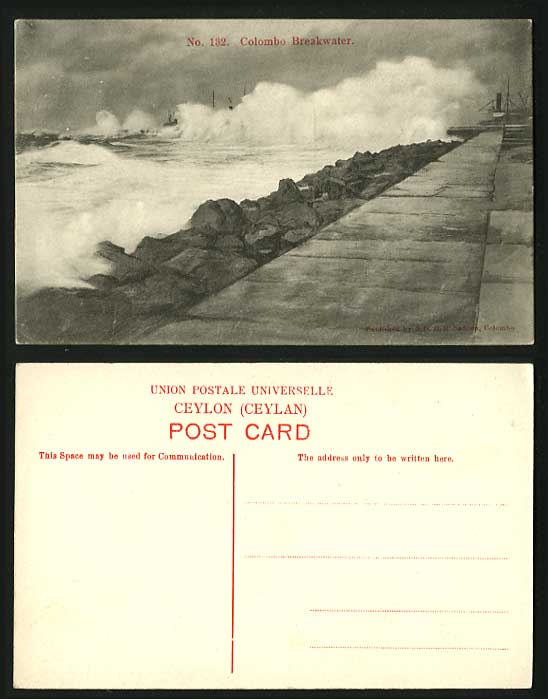 CEYLON c.1900 Old Postcard Colombo Breakwater Rough Sea