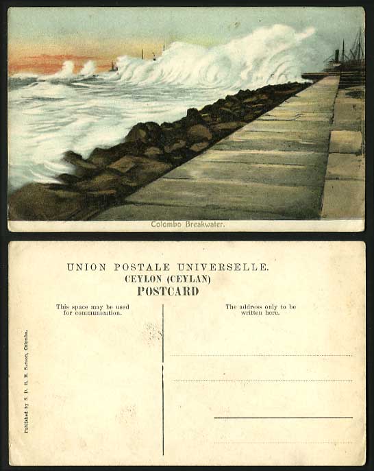 CEYLON Old Colour Postcard Colombo Rough Sea Breakwater