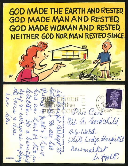 Comic Humour Old Postcard God made the Earth and Rested