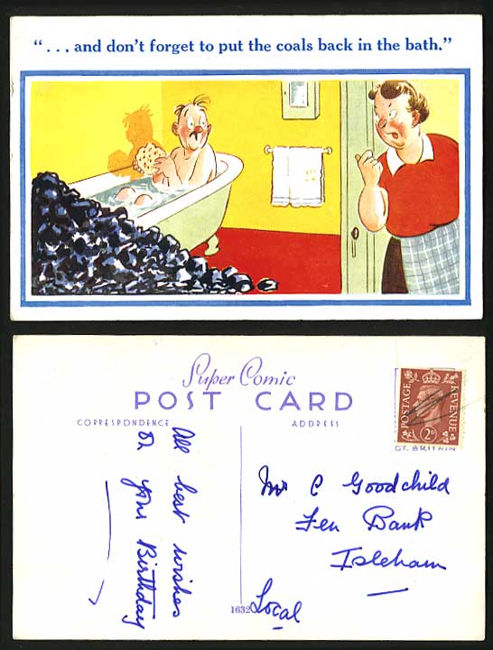 Comic Humour Old Postcard - Put COALS back in the BATH