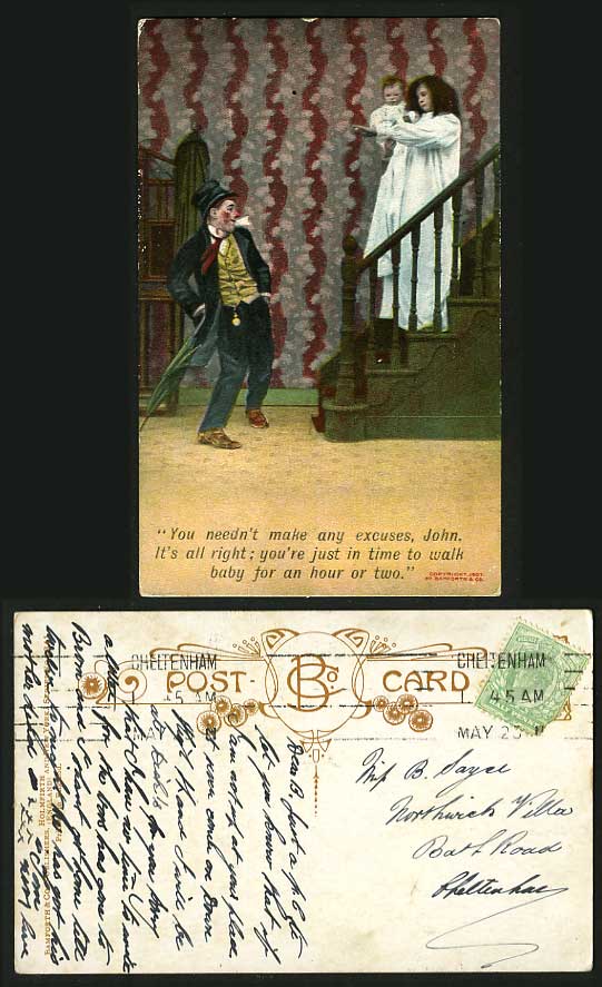 Bamforth Humour 1911 Postcard Clown in time - Walk Baby