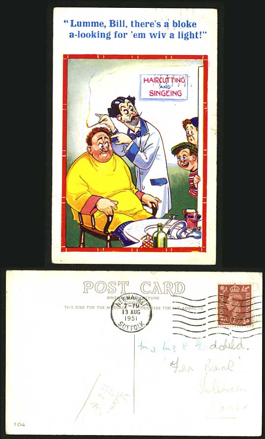 Comic Humour 1951 Old Postcard - Haircutting & Singeing