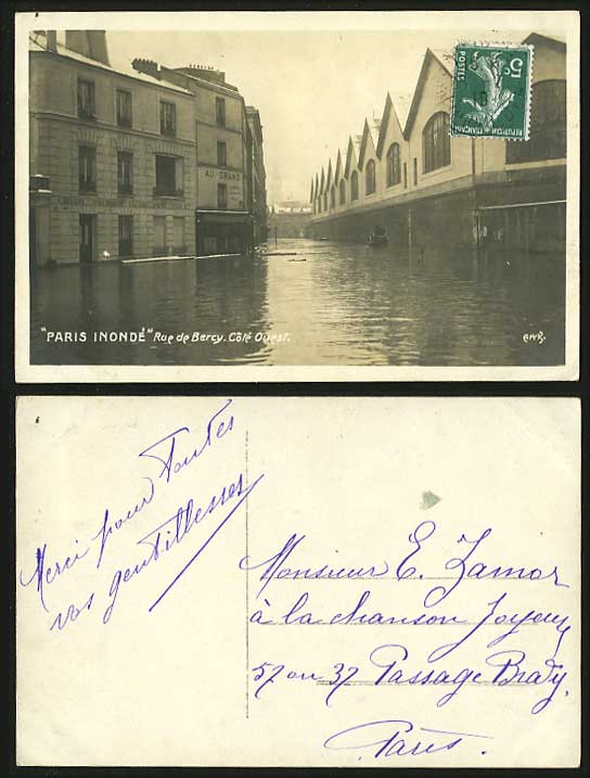 PARIS FLOOD Disaster 1910 Postcard Rue Bercy Cote Ouest