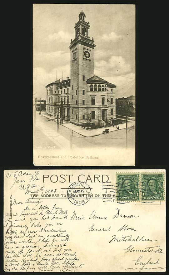 USA 1908 Old Postcard Government & Post Office Building