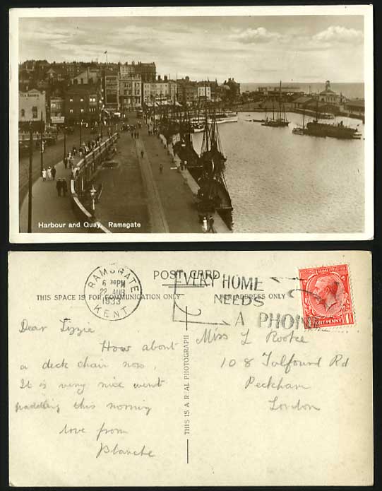 RAMSGATE 1933 Old RP Postcard Ships Tram HARBOUR & QUAY