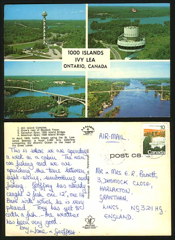 Canada Postcard 1000 Islands Bridge Crow's nest of Skydeck Tower Span Ivy Lea