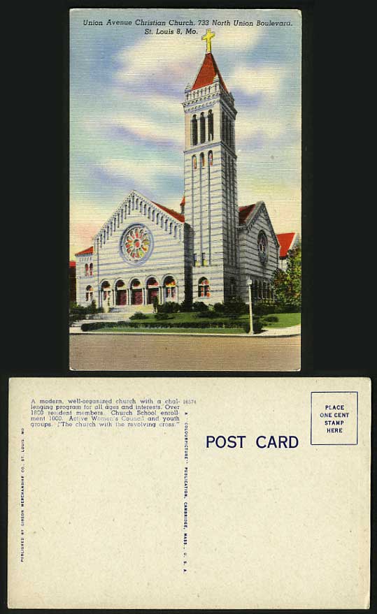 USA Old Postcard Union Avenue Christian Church St Louis