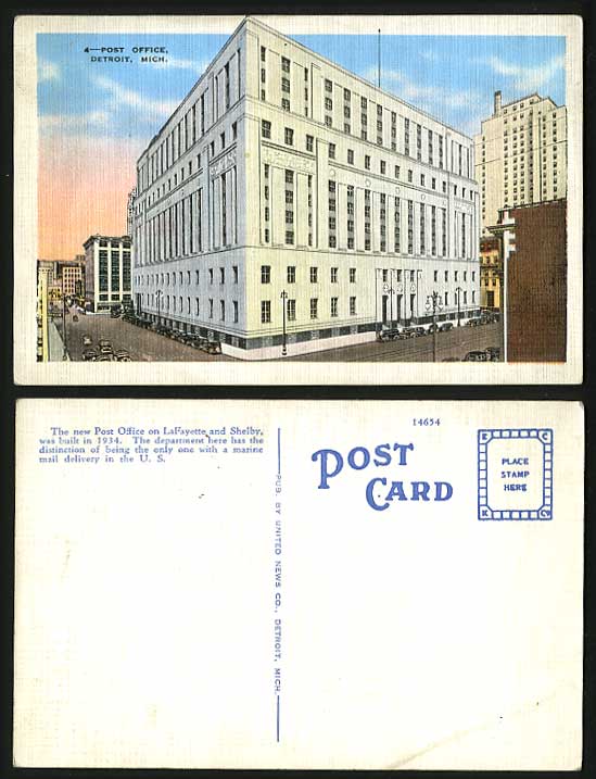 USA Detroit Old Postcard - Only Marine Mail POST OFFICE
