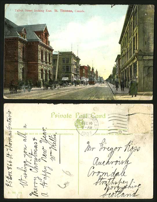 Canada 1907 Old Postcard Talbot Street St. Thomas TRAM