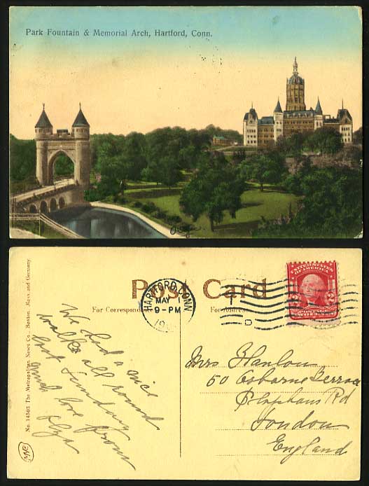USA 1902 Postcard Park Fountain Memorial Arch Hartford