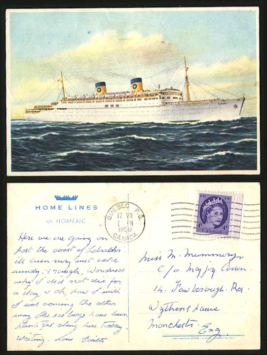 Canada 1956 Old Colour Postcard Home Lines - s/s HOMERIC Ship Shipping