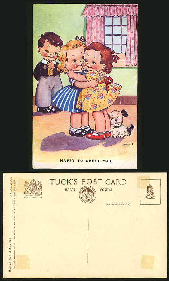 DINAH Artist Signed Old Tuck's Postcard DOG Puppy Happy to Greet You Hug