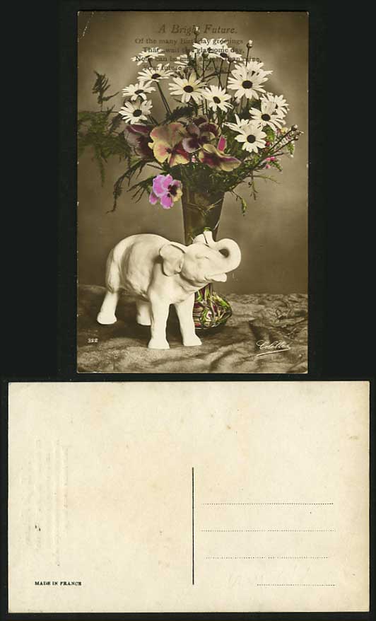 White Elephant Statue and Flowers Birthday Greetings Old Postcard Animals