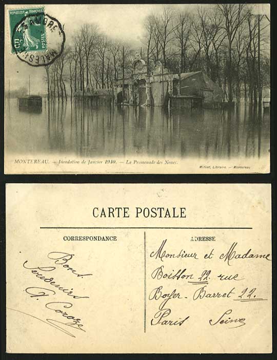 MONTEREAU Disaster FLOOD 1910 Postcard Promenade Noues