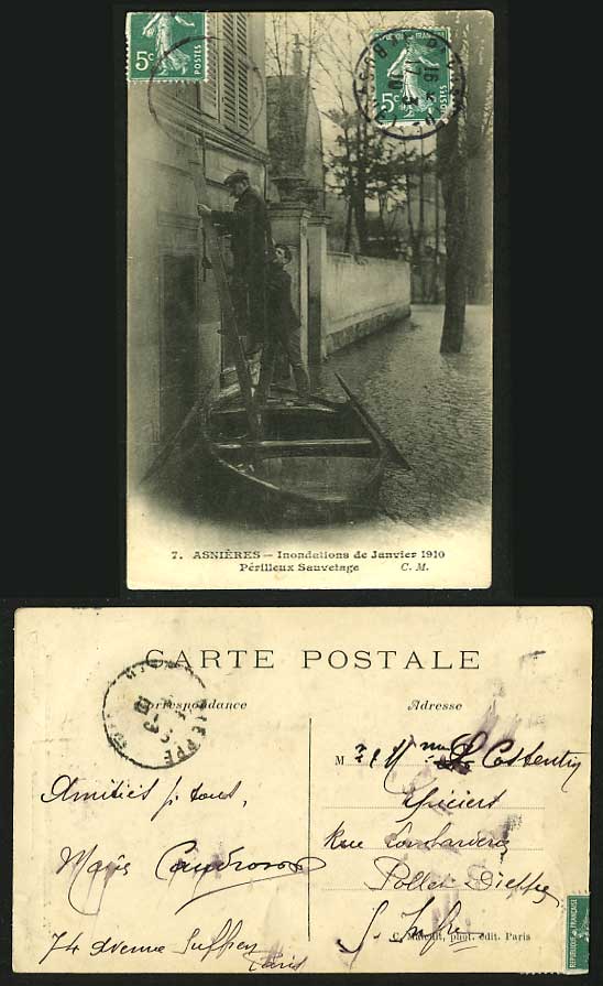 ASNIERES Disaster FLOOD 1910 Old Postcard Perilleux Rescue France Ladder