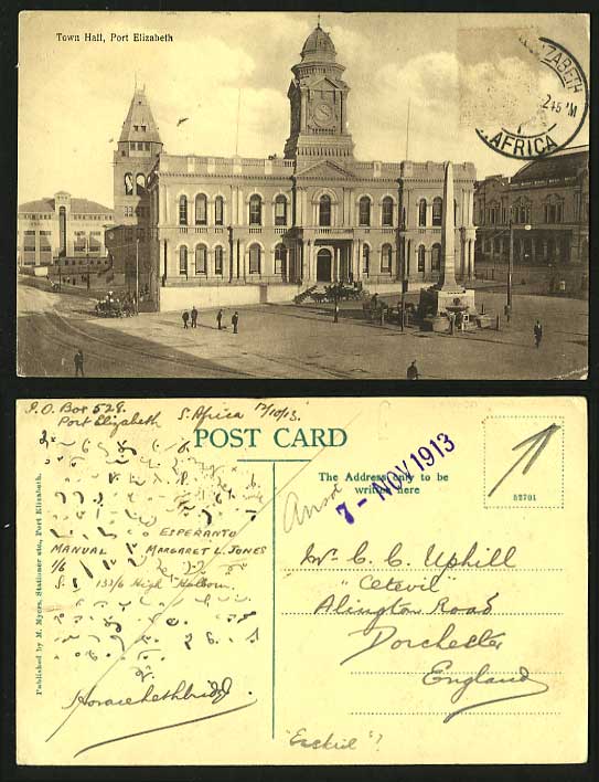South Africa 1913 Old Postcard PORT ELIZABETH Town Hall Clock Tower Street Scene